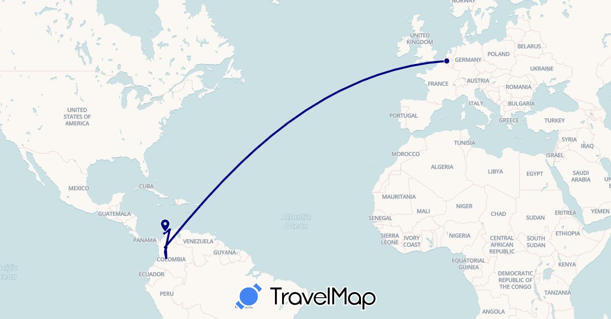 TravelMap itinerary: driving in Belgium, Colombia (Europe, South America)